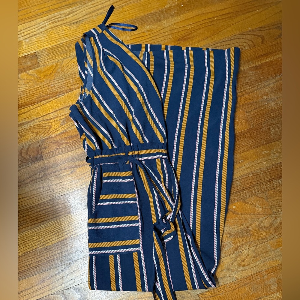 Striped Navy and Mustard Wide-Leg Jumpsuit